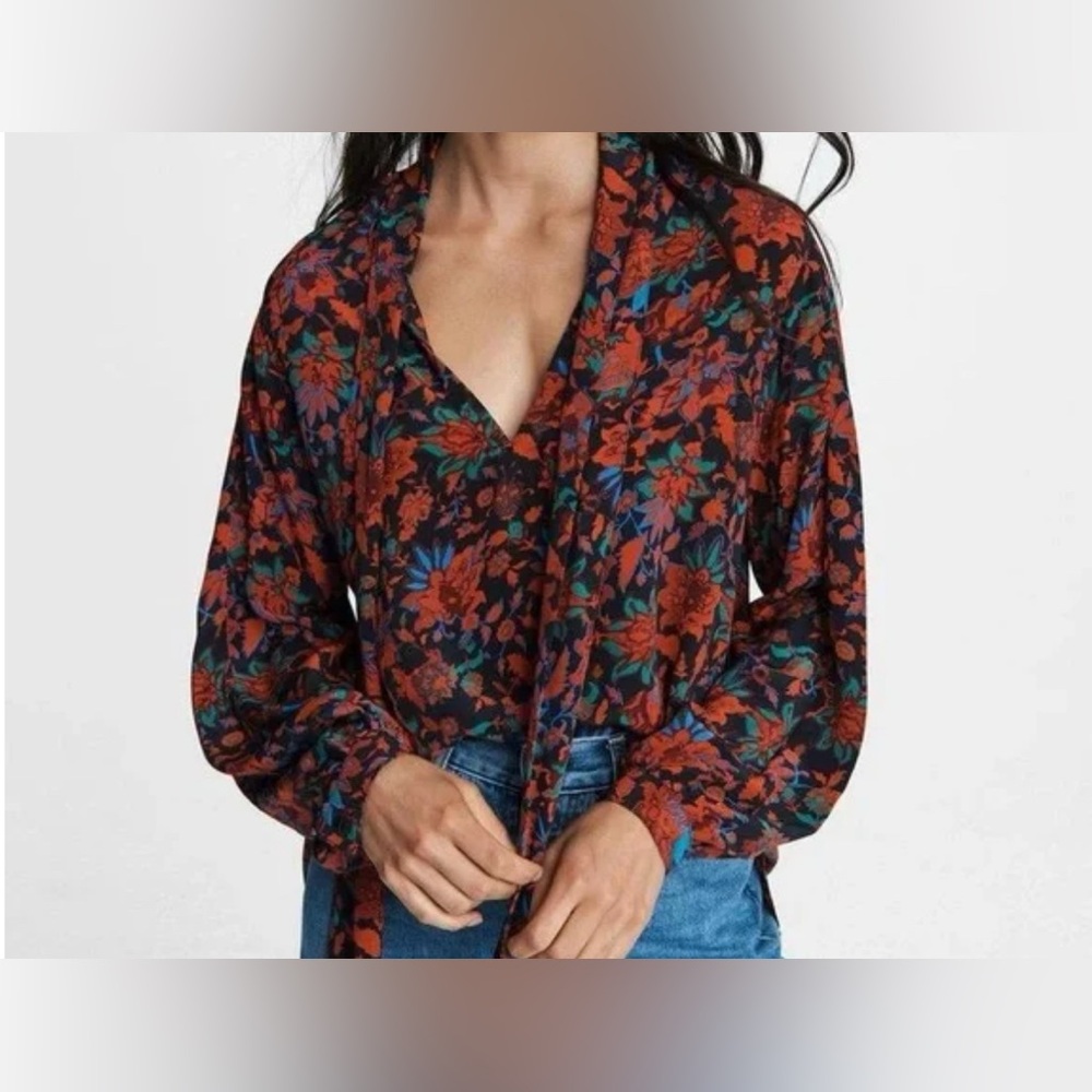 Rag & Bone Emily Floral Tie-Neck Blouse Black Red Blue Size Small